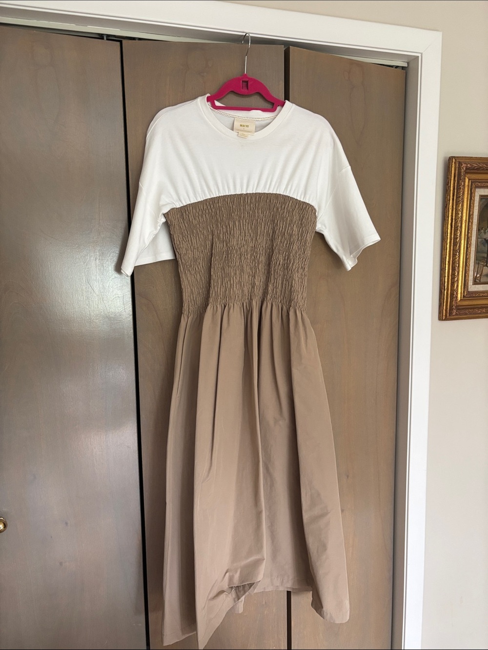 Anthropologie White and Tan Midi Dress